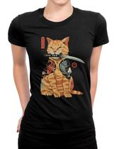 Camiseta Feminina Gato Na Grande Onda Estilo Anime Arte Japonesa