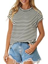 Camiseta feminina Glamaker de manga curta listrada com gola redonda preta S