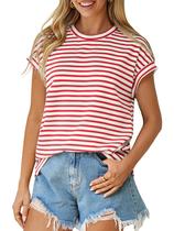 Camiseta feminina Glamaker, manga curta, listrada, gola redonda, vermelha