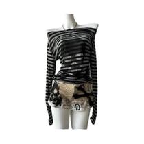 Camiseta Feminina Gótica Vintage Com Estampa De Caveira E Listras, Ombro a Ombro, Manga Longa, Camiseta Feminina Gótica Vintage Com Estampa De Caveira E Listras, Ombro a Ombro, Manga Longa,