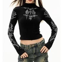Camiseta Feminina Grunge Y2K De Gola Alta Com Manga Longa, Estampa Gráfica, Transparente, Estilo Camiseta Feminina Grunge Y2K De Gola Alta Com Manga Longa, Estampa Gráfica, Transparente, Estilo