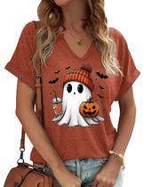 Camiseta feminina Halloween Ghost com decote em V Fall Cute Ghost Pumpkin Face Graphic Camiseta de manga curta Autumn Pumpkin Spice Latte (M, F-Brown-1)