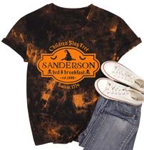 Camiseta feminina HRIUYI Halloween Sanderson com estampa de letras pretas Camiseta feminina HRIUYI Halloween Sanderson com estampa de letras pretas