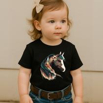 Camiseta Feminina Infantil Estampa Cavalo Modinha Nova Tendência Premium Tecido 100 % Algodão Fofo