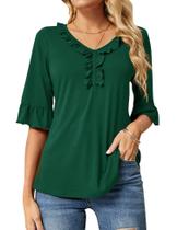 Camiseta feminina Ivicoer com decote em V, babados, meio sino, mangas verdes