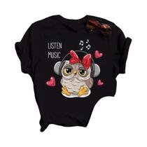 Camiseta Feminina Kawaii Cartoon Owl Print Preta Harajuku Gráfica Casual Manga Curta Gola Redonda