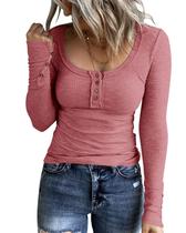 Camiseta feminina KINLONSAIR de manga comprida Henley Button Down Camiseta feminina KINLONSAIR de manga comprida Henley Button Down