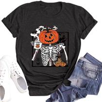 Camiseta feminina Laibao, cabeça de abóbora, esqueleto, cinza, algodão XXL Camiseta feminina Laibao, cabeça de abóbora, esqueleto, cinza, algodão XXL