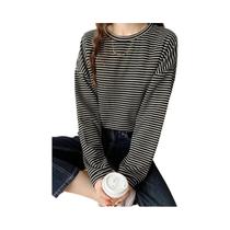 Camiseta Feminina Listrada Harajuku - Manga Comprida em Algodão Cáqui