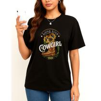 Camiseta Feminina Long Live Cowgirl Botas e Flores Algodão