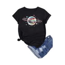 Camiseta Feminina Lua e Planeta - Gola Redonda, Manga Curta, Estilo Vintage