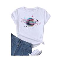 Camiseta Feminina Lua e Planeta - Gola Redonda, Manga Curta, Estilo Vintage