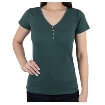 Camiseta Feminina LZT Canelada Gola V Verde Militar - 555