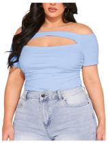 Camiseta feminina MakeMeChic, tamanho grande, sem ombros, azul