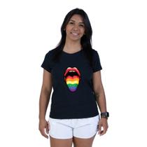 Camiseta Feminina Manga Curta Algodao Confortavel Estampa Boca Arco Iris LGBT Com Abridor De Garrafa