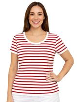 Camiseta Feminina Manga Curta Listrada Vermelha e Branca Camiseta Feminina Manga Curta Listrada Vermelha e Branca