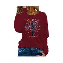 Camiseta Feminina Manga Longa Gola Redonda - Estampa Colorida de Árvore e Borboleta Camiseta Feminina Manga Longa Gola Redonda - Estampa Colorida de Árvore e Borboleta