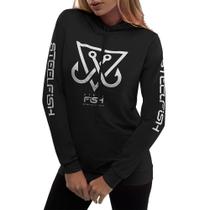 Camiseta Feminina Manga Longa Preta Estampa Frente e Mangas Capuz Bolso Frontal - Steel Fish Camiseta Feminina Manga Longa Preta Estampa Frente e Mangas Capuz Bolso Frontal - Steel Fish