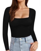 Camiseta feminina MANGOPOP, manga comprida, gola quadrada, preta Camiseta feminina MANGOPOP, manga comprida, gola quadrada, preta