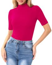 Camiseta feminina MANGOPOP, simulada, gola de tartaruga, justa, rosa choque Camiseta feminina MANGOPOP, simulada, gola de tartaruga, justa, rosa choque