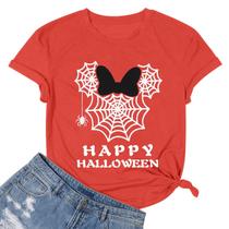 Camiseta feminina MNLYBABY Happy Halloween com teia de aranha laranja