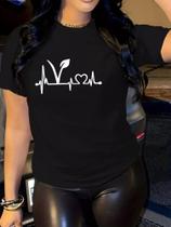 Camiseta Feminina Moda Estampada Plantas Batimento Coração