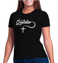 Camiseta Feminina Moda Evangélica Camisa Baby Look Gratidão Preta Algodão