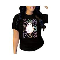 Camiseta Feminina Neon BOO Com Estampa De Fantasma Para Halloween, Gola Redonda E Manga Curta Para Camiseta Feminina Neon BOO Com Estampa De Fantasma Para Halloween, Gola Redonda E Manga Curta Para