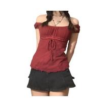 Camiseta Feminina Ombro a Ombro De Renda Com Cordão Estilo Coreano Doce Moda Grunge Streetwear Anos
