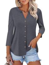 Camiseta feminina ORANDESIGNE de manga 3/4 com decote em V com botões