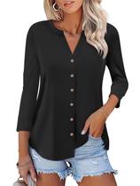 Camiseta feminina ORANDESIGNE, manga 3/4, decote em V, com botões, preta