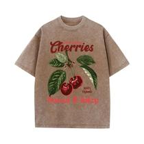 Camiseta Feminina Oversize Com Estampa De Cerejas Desgastada Em Algodão, Estilo Streetwear Com