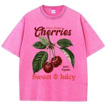 Camiseta Feminina Oversize Com Estampa De Cerejas Em Algodão Lavado, Estilo Streetwear Com Decote O