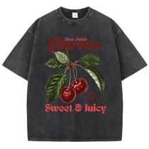 Camiseta Feminina Oversize Com Estampa De Cerejas Em Algodão Lavado, Estilo Streetwear Com Decote O