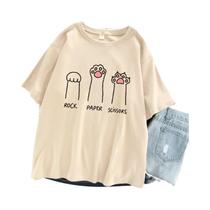 Camiseta Feminina Oversized De Verão Com Estampa Divertida De Gato, Pedra, Papel E Tesoura, Manga