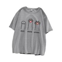Camiseta Feminina Oversized De Verão Com Estampa Divertida De Gato, Pedra, Papel E Tesoura, Manga