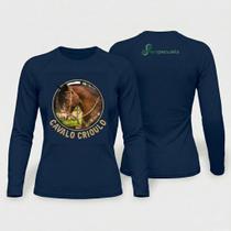 Camiseta Feminina Performance Cavalo Crioulo Azul Escuro Manga Longa UV50+