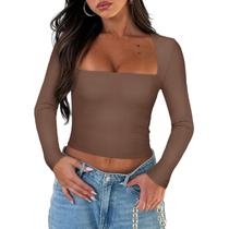 Camiseta feminina Pivanzore, gola quadrada, manga comprida, marrom