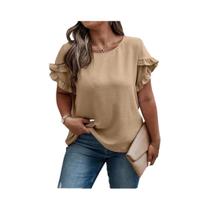 Camiseta Feminina plus Size Com Babados, Cores Sólidas, Primavera Verão, Tamanhos 1XL-5XL, Blusa