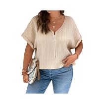 Camiseta Feminina plus Size Com Decote Em V, Manga Curta E Zíper, Casual, Cor Sólida, Top
