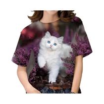 Camiseta Feminina Plus Size com Estampa 3D de Gato Kawaii - Estilo Harajuku
