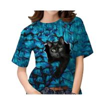 Camiseta Feminina Plus Size com Estampa 3D de Gato Kawaii - Estilo Harajuku