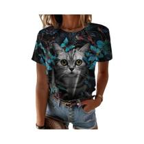 Camiseta Feminina Plus Size com Estampa 3D de Gato Kawaii - Estilo Harajuku Camiseta Feminina Plus Size com Estampa 3D de Gato Kawaii - Estilo Harajuku