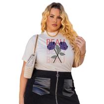 Camiseta Feminina Plus Size De Algodão Manga Curta Gola Alta Casual Confortável Com Estampa De Rosa