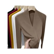 Camiseta Feminina plus Size De Veludo Com Manga Longa E Decote Em V, Pullover Térmico Slim Fit Para