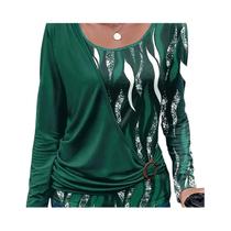Camiseta Feminina plus Size, Outono Inverno, Casual, Estampada, Gola Redonda, Manga Comprida Camiseta Feminina plus Size, Outono Inverno, Casual, Estampada, Gola Redonda, Manga Comprida