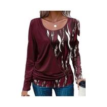 Camiseta Feminina plus Size, Outono Inverno, Casual, Estampada, Gola Redonda, Manga Comprida