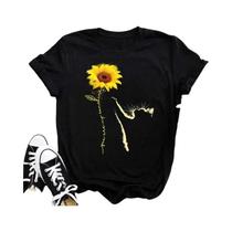 Camiseta Feminina Preta Com Estampa De Girassol E Borboleta Kawaii, Confortável E Casual, Top