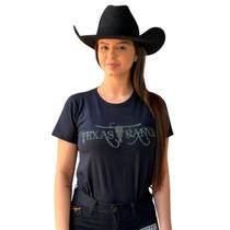 Camiseta Feminina Preta Estampada Brilhos Texas Ranch Moda Country Algodão Baby Look