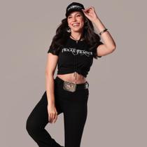 Camiseta Feminina Preta Estampada Texas Ranch Baby Look Moda Country Algodão Conforto